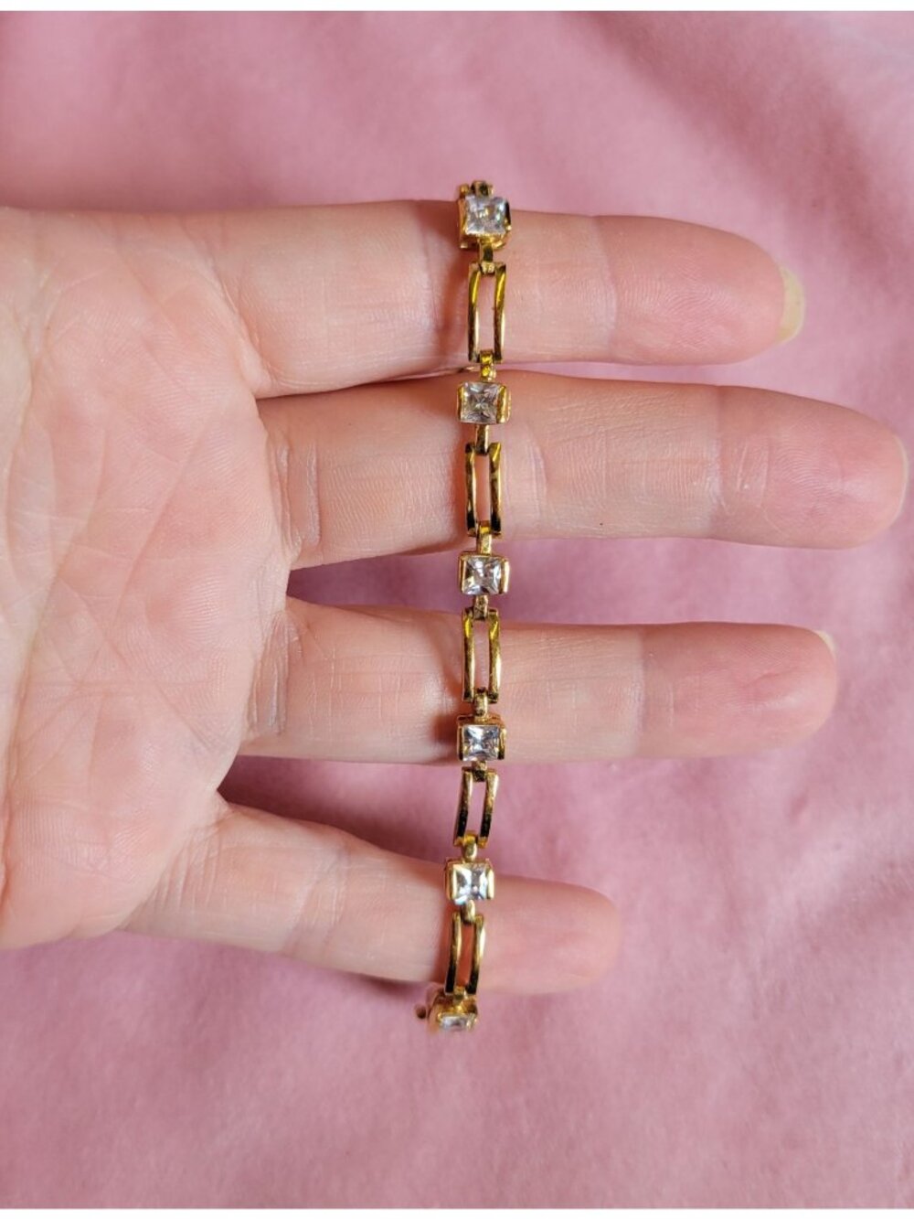 Stamped 925 FAS Gold Tone Clear Rhinestone Link Bracelet BR1 - Picture 2 of 7